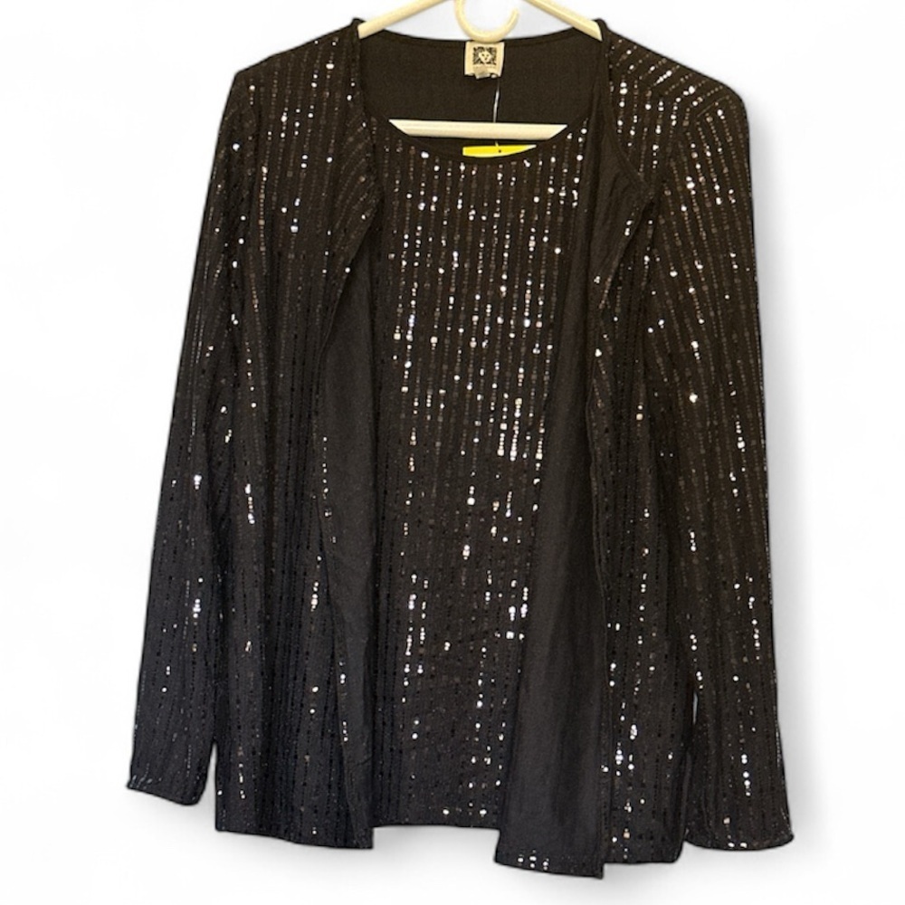 NWT ANNE KLEIN WOMENS 2 PIECE TANK & CARDIGAN SHIMMER SPARKLE BLACK MEDIUM